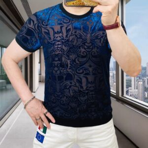 Trendy Summer Sexy Mesh Hollowed Out T-shirt Men Short Sleeve Flocking Perspective Tshirts Casual Social Streetwear Men Clothing