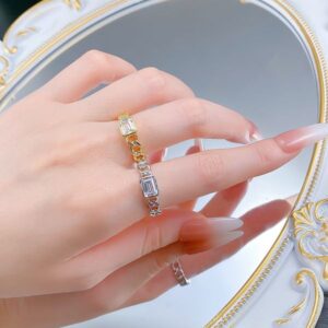 S925 Sterling Silver 5×7 Rectangular Cubic Zirconia Cuban Link Chain Gold Ring, Unique Hollow Design