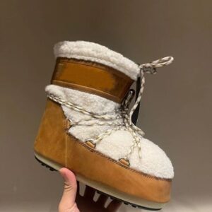 Moonn Boots Snow Nylon Boots Apres-Ski Bootie High Quality Gabardine Boots Women Slip-On design Chunky Fur Winter Warm Booties criss-cross tubular laces Shoes with box