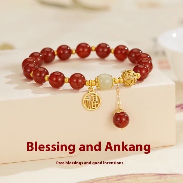 Exquisite hundred with red agate bracelet female 2025 new explosion of high-level sense of blessing sign string niche design sense of hand jewelry
