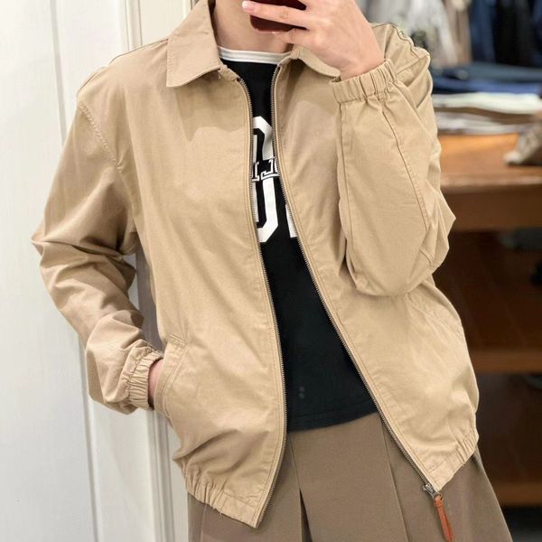 Mens Vintage Jacket with Small Horse Logo Classic Utility Coat Zip Up Style Lightweight Bomber Outerwear Khaki Workwear Fashionable Streetwear Designer Look