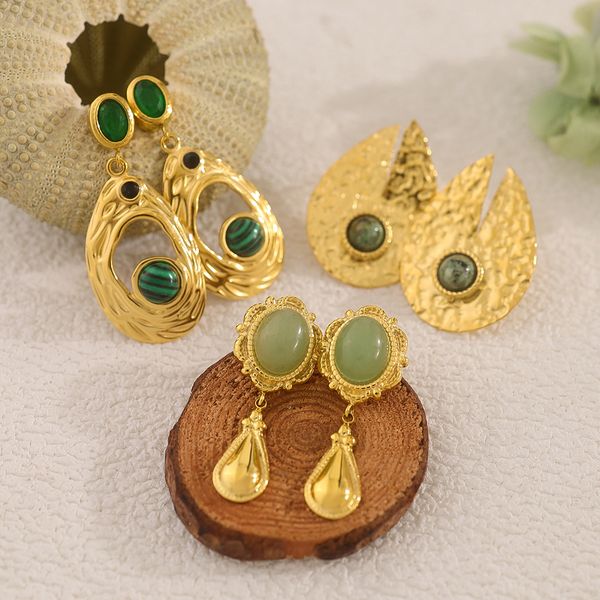 Vintage-Inspired Green Aventurine Drop Earrings, 18K Gold Plated Stainless Steel, Long Dangle Design, Stylish & Elegant for Women, Wholesale Jewelry