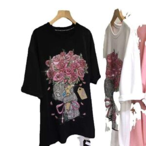 Plus Size Women's Clothing 1.0-150kg Fat MM Pullover Heavy Embroidered Rhinestone Flower Short Sleeve T-Shirt Fashion Top