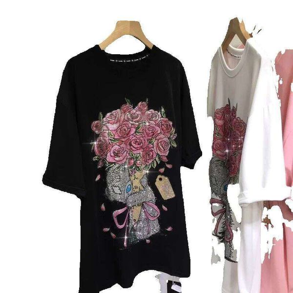 Plus Size Women's Clothing 1.0-150kg Fat MM Pullover Heavy Embroidered Rhinestone Flower Short Sleeve T-Shirt Fashion Top