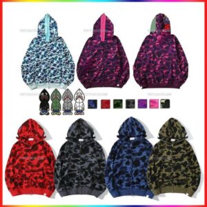 Designer Hoodie Mens Full Zip Up Camo Shark Hoodies for Woman Black White Camouflage Jacket Hoody Hooded Sweatshirt Man Womens Camo Sweater Long