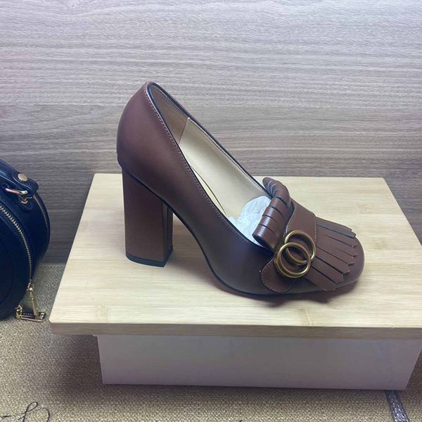 Top quality Classic high-heeled boat shoe Designer leather rivet Thick heel high heels 100% cowhide Metal Button black women Dress shoes 10cm Large size 34-42