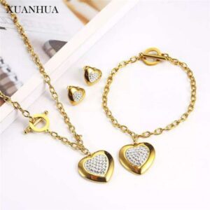 Metal Fashion Women Titanium Steel Jewelry Heart Shaped Necklace Earrings Bracelet Set Accessories