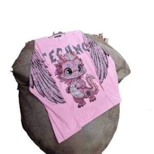 Pink Cartoon Dinosaur Loose Fit Mid-Length Trendy Long Sleeve T-Shirt with Big Wings and Rhinestones pulloverwoman