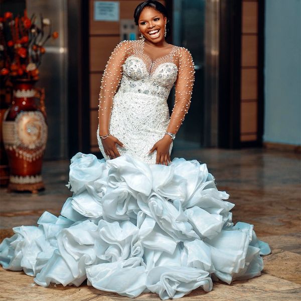 2024 Arabic Aso Ebi Plus Size Ivory Mermaid Wedding Dresses Crystals Pearls Lacefull Bridal Gowns Dress ZJ406