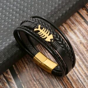 Popular Men Style Multi Layered Leather Fish Charm Bracelet Stainless Steel Buckle Bangle for Gift
