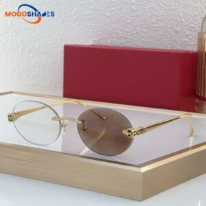 one piece oval frameless fashion luxury cheetah designer sunglasses for women minimalist Y2K buffalo horn glasses prescription brand eyeglasses with box 0586S