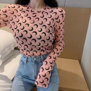 Sunscreen sexy base coat womens T shirt semi transparent classic designer slim fit moon print clothing waist Koszulka Damska Crescent S-XL