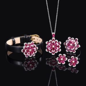 S925 Silver Best-Selling Faux Ruby Flower Set, Luxury Jewelry Necklace, Earrings & Ring Set, Perfect for Weddings and Special Occasions