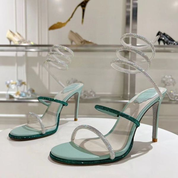 embellished leather sandals Rene Caovilla Cleo Women High Heel Sandals 75mm 95mm Snake Strass Stiletto Sandals luxury women designer Sandals With box Evening shoes