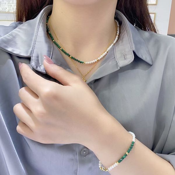 Stylish sophisticated 925 silver natural pearl natural malachite beaded necklace bracelet three-piece set dinner wedding party dress accessories