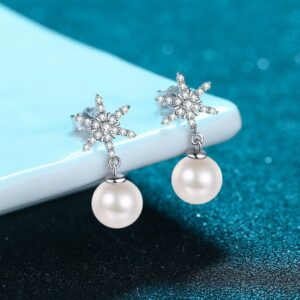 S925 Sterling Silver Earrings with 8mm Freshwater Pearls and Moissanite Snowflake Studs Wholesale Fashion Jewelry Hot Selling