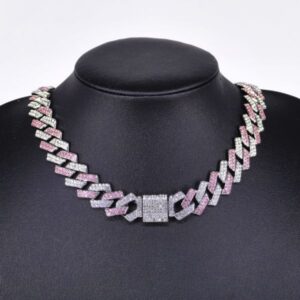 New 15mm Diamond-Studded Cuban Link Necklace with Rhodium-Plated Pink and Blue Water Diamonds – Trendy Hip Hop Style for Cross-Border Wholesale