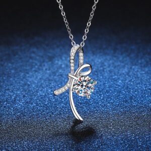 S925 Sterling Silver Moissanite Necklace with 1ct D-Color Moissanite Pendant, Elegant Butterfly Knot Design, Platinum Plated Jewelry for Women