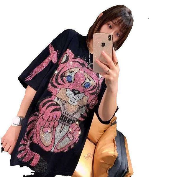 781# 150kg Women's Heavy Embroidered Rhinestone Little Tiger Letter Short Sleeve T-Shirt Black Slimming Top