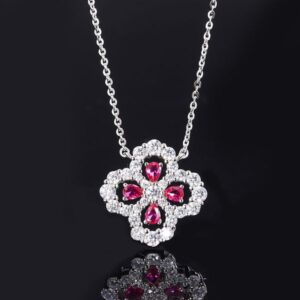 S925 Silver Faux Pigeon Blood Ruby Full Diamond Four-Leaf Clover Pendant Necklace, Exquisite Fashion Design, Perfect Women's Jewelry Collection