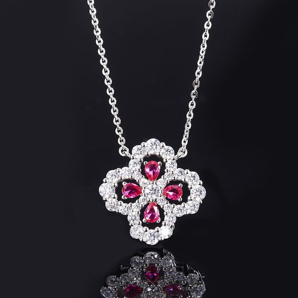 S925 Silver Faux Pigeon Blood Ruby Full Diamond Four-Leaf Clover Pendant Necklace, Exquisite Fashion Design, Perfect Women's Jewelry Collection