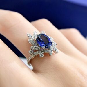 New 925 Sterling Silver Oval Synthetic Blue Sapphire Ring with Ice Flower Design, 7*9mm, Elegant and Luxurious Jewelry for Women.