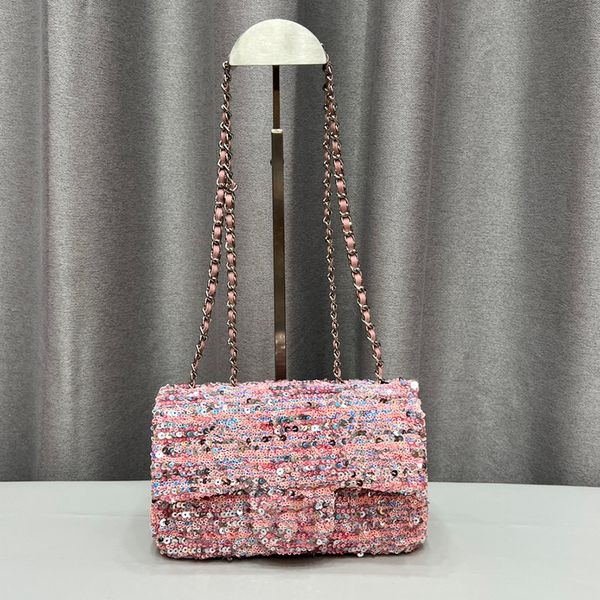 25c Sequin Bag Fashion Women Shoulder Bag Genuine Leather Flap Sewn Gold Hardware Metal Buckle Matelasse Chain Handbag Makeup Bags Princess Sacoche For Dinner 21cm