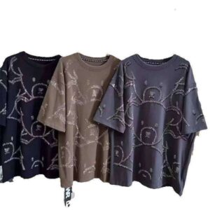 Plus Size 1.0-150kg Fat MM Spring Summer Heavy Embroidered Rhinestone Full Body Bear Design Sense Youthful Loose Short Sleeve T-Shirt for Women