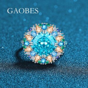 S925 Sterling Silver Sea Blue High Carbon Diamond Ring, Adjustable Open Band with Multicolored Gemstone Inlay, Fashionable Diamond Ring for Elegant Women