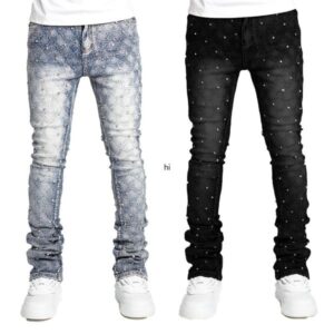 Men Denim Fashion Individualistic Straight-leg Men Trousers European and American Fashion Elastic Pearl Denim Layered Long Pants