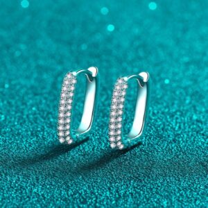S925 sterling silver earrings with PT950 plating, featuring two rows of Moissanite stones, a sleek square hoop design for elegant, everyday wear.
