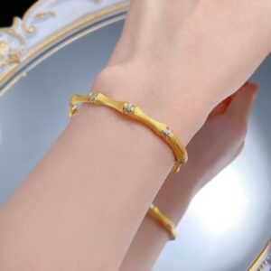 New S925 Sterling Silver Italian Vintage Handmade Brushed Bamboo Bracelet with Zirconia Accent, Adjustable Elegant Bamboo Style Bangle