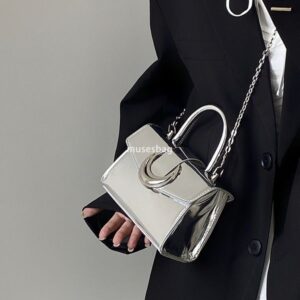 Advanced Moon Lock Buckle Bag for Women's New Silver Square Lacquer Leather Bag Handbag Chain Single Shoulder Crossbody Bag