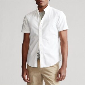 Men Summer Short Sleeve Shirt Casual Button Down Tee Solid Color or Plaid Style Striped Design with Pocket Small Horse Embroidery Classic Slim Fit Lapel Shirt