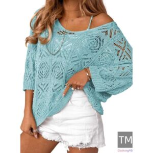Women's 2025 Spring Summer Crochet Hollow Out 3/4 Sleeve Pullover Sweater Off Shoulder T-Shirts