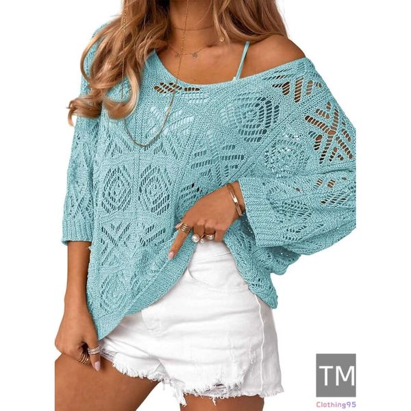 Women's 2025 Spring Summer Crochet Hollow Out 3/4 Sleeve Pullover Sweater Off Shoulder T-Shirts