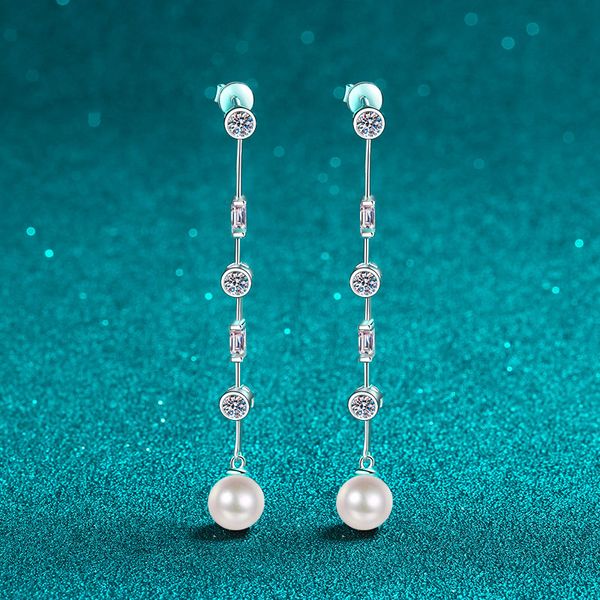 925 Sterling Silver Tassel Stud Earrings, Moissanite Freshwater Pearl Earrings, PT950 Gold Plated, Fashionable Chic Women's Jewelry, Wholesale In Stock