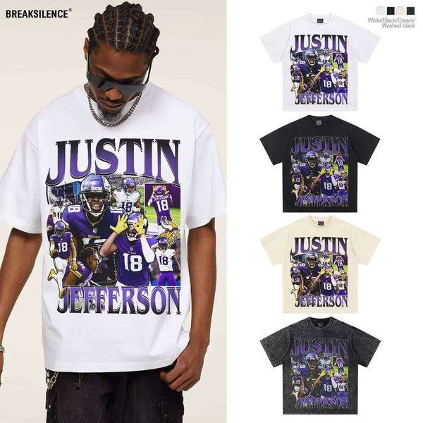 Justin Jefferson American Heavy Football Print Short Sleeve 2025 Spring Summer New Cross-Cultural Trendy Casual Knit T-Shirt