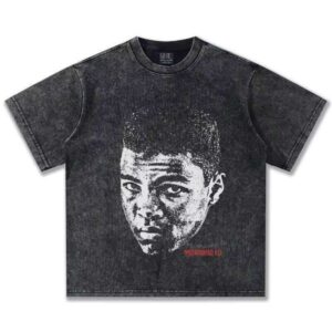 2025 Cross-Border Boxing Ali Men's Heavy Washed Vintage Women's Short Sleeve American Style Small Neck 100% Cotton T-Shirt