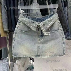 Spring and Summer New Light Blue V-shaped Flip Neck Denim Skirt High Waist Small Spicy Girl Hot Diamond Sweet Spicy Short Skirt Sasa BFG2503129