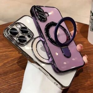 Transparent Plating Case iPhone 16 Plus 14 13 12 11 15 Pro Max For Magsafe Magnetic Ring Stand Phone Cover