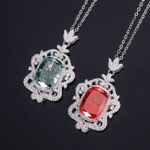 S925 Silver High-Carbon Diamond Radiant Cut Chinese Red Vintage Pendant Necklace, 12x16mm Main Stone, Elegant and Stylish Women's Jewelry, Perfect for Any Occasion