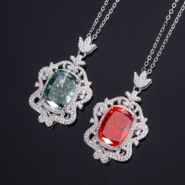 S925 Silver High-Carbon Diamond Radiant Cut Chinese Red Vintage Pendant Necklace, 12x16mm Main Stone, Elegant and Stylish Women's Jewelry, Perfect for Any Occasion