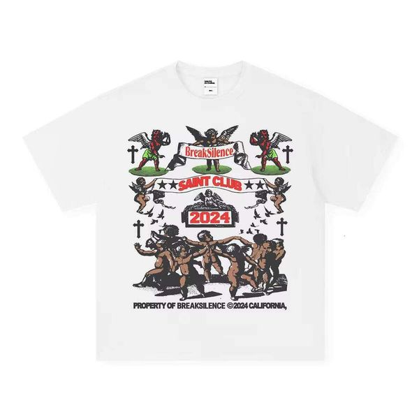 Angel Club American Style Printed Short Sleeve Small Collar Cross-Border Pure Cotton Unisex T-Shirt