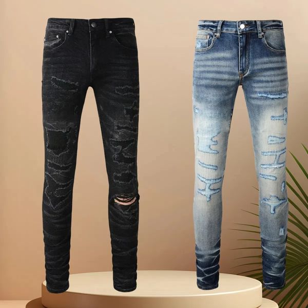 Slim Fit Men's Black Blue Denim Jeans with Cool Design and Distressing Detail