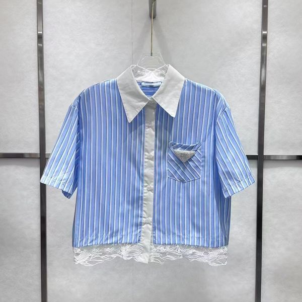 fashion womens highend brand blouse original Rhinestone triangular mark design female lapel shirt high quality women luxury Stripes blouse