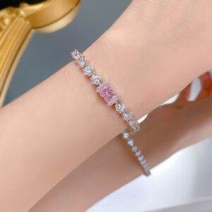 New S925 Silver Ice Flower Cut 6×8 Pink Diamond Inlaid Cluster Diamond Bracelet, Elegant Luxury Design
