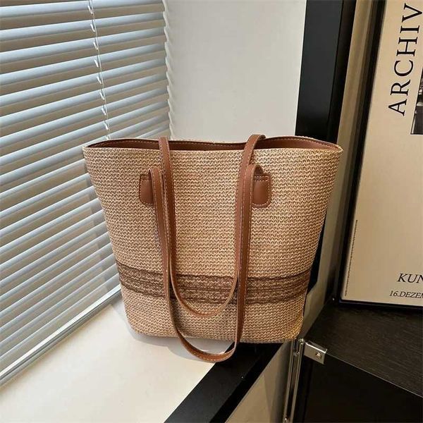 Lace woven straw bag Large capacity simple shoulder bag Seaside beach commuter Y250605