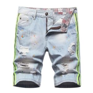 Men Holes Light Blue Denim Shorts Summer Jeans Shorts Quality Male Staight Knee Length Jeans Painted Streetwear Denim Shorts 42