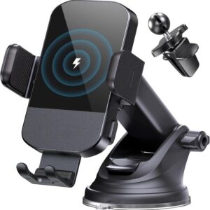 15W Fast Wireless Car Charger Auto Clamping Phone Mount Holder for iPhone 16 15 14 13 12 Pro Max Samsung S24 Ultra S23 S22 S21 Black